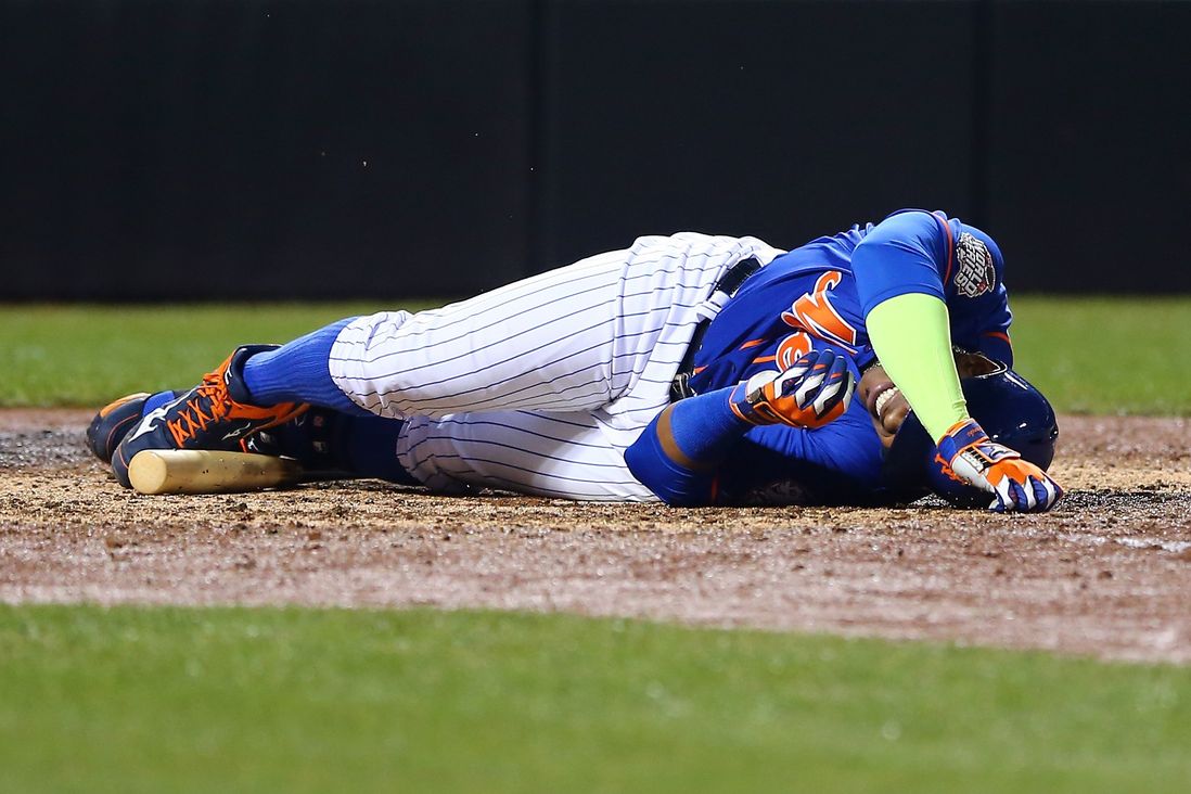 Yoenis Cespedes after fouling a ball on his leg<br>